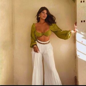 Olive Green Blouse and White Pants Set